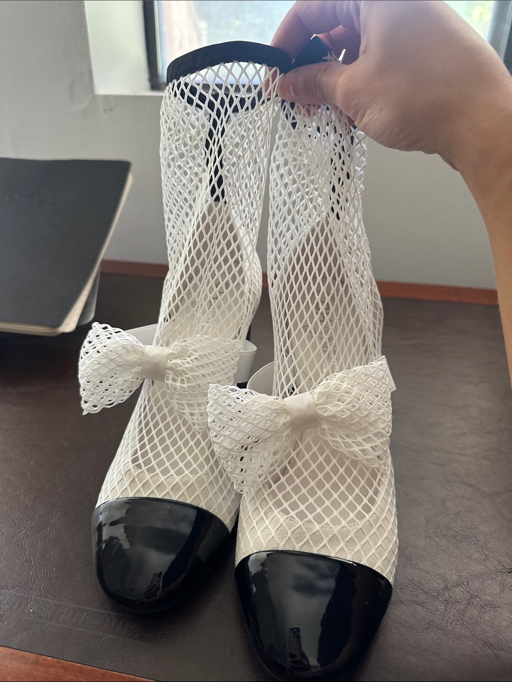 CHANEL White Mesh Bow Block-Heel Sock Boots with Black Patent Toe - Picture 3 of 6